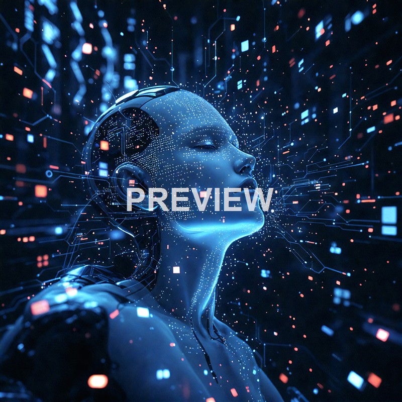 A futuristic digital rendering of a human-like robot with closed eyes, surrounded by glowing particles and circuit-like patterns, evoking a sense of artificial intelligence and advanced technology.